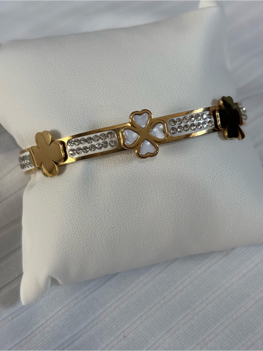 Gold & White Clover Rhinestone Bracelet
